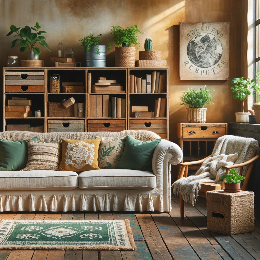 DALL·E 2024-04-29 22.42.24 - A cozy living room with upcycled furniture, featuring a refurbished vintage sofa and a repurposed bookshelf. The setting includes eco-friendly decor e.webp__PID:cc6f6e1f-60b8-4a5b-aca4-139b6a1b3118